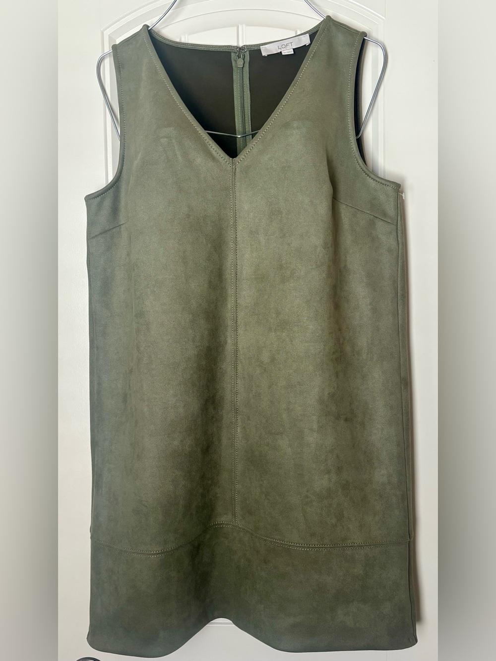 LOFT Faux Suede Olive Green V-Neck Midi Dress Size 10